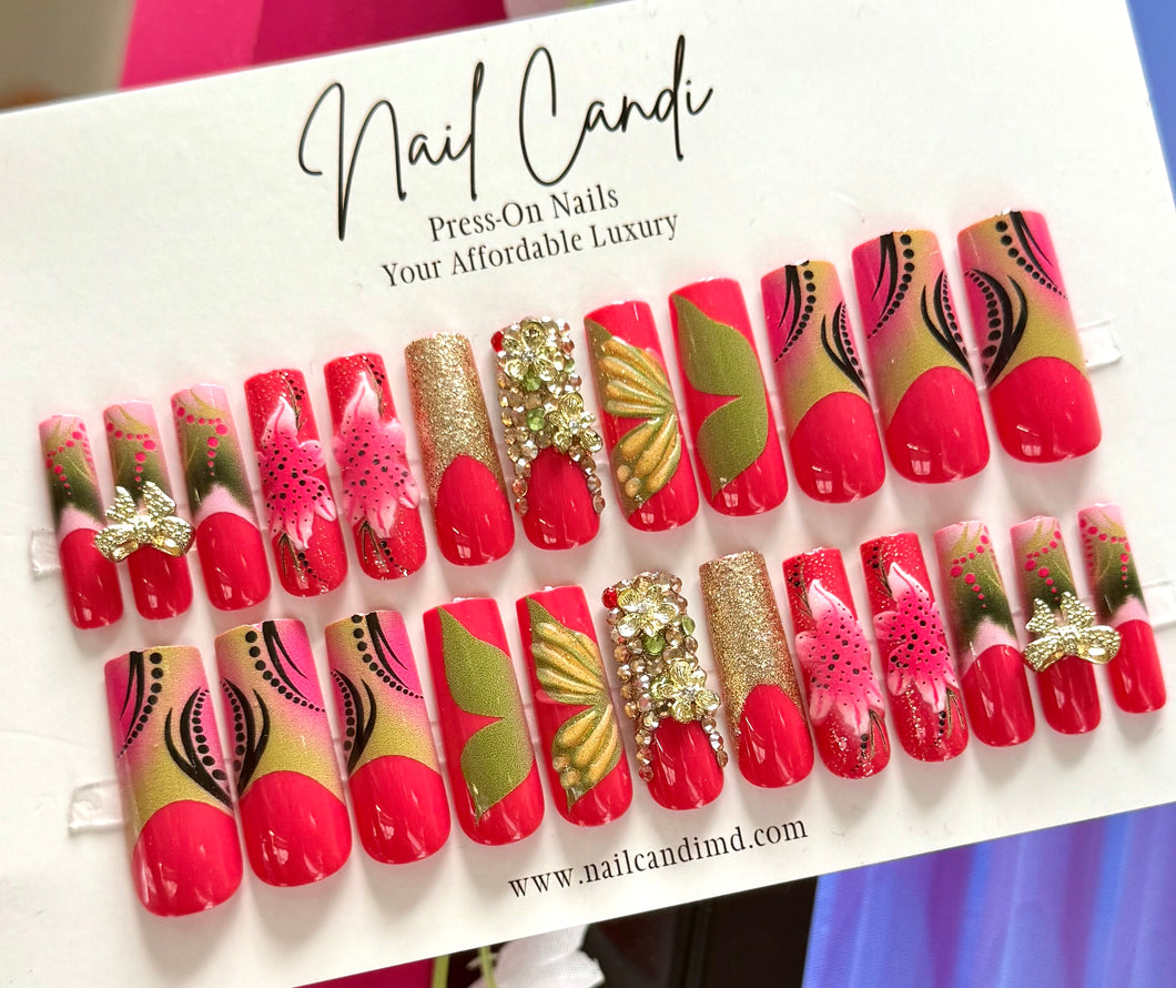 Passion | Long Square Gold Crystal Pink & Green Gloral Nails