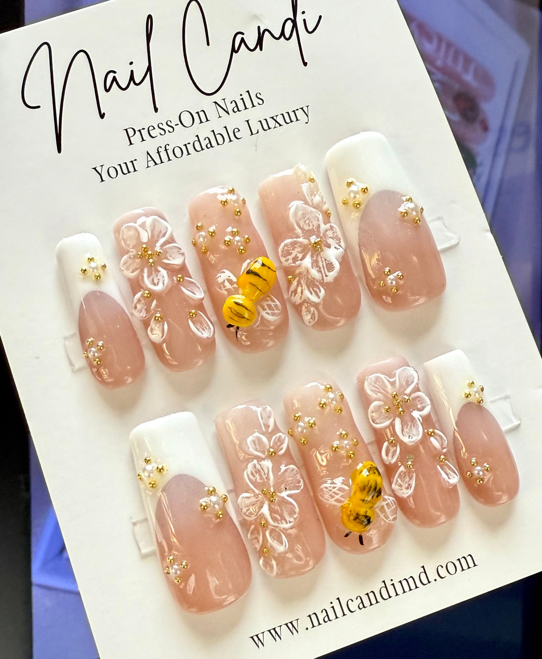 Handmade Sculpted Bee & Flower Nails