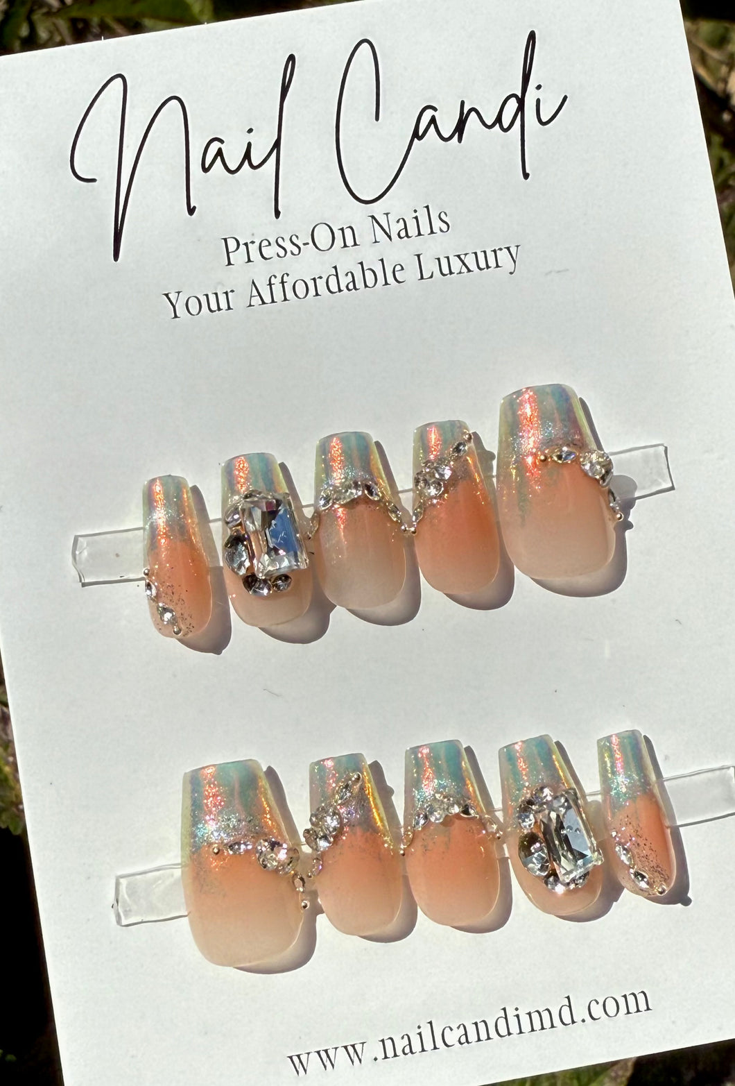 Handmade Medium Coffin Iridescent French Crystal Nails
