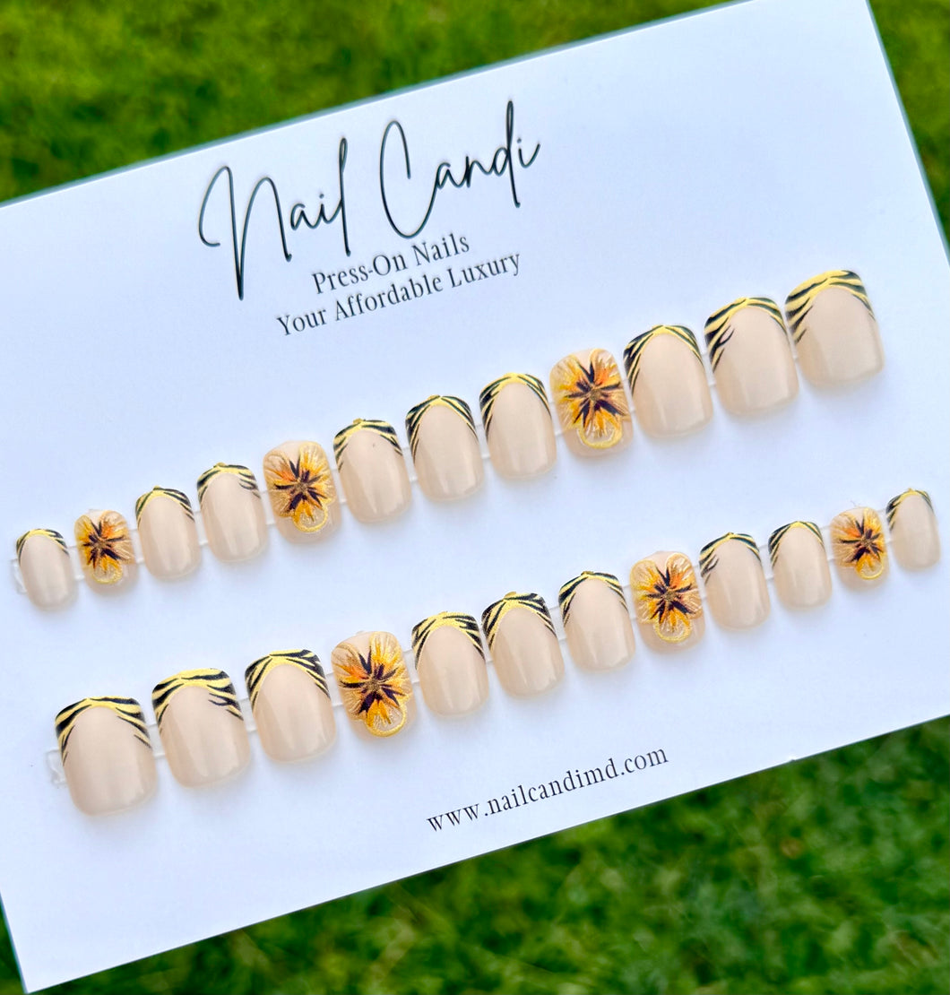 Buzzed | Yellow French Black Flower Accent Nails