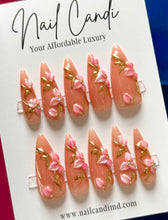 Load image into Gallery viewer, Handmade Long Stiletto Pink &amp; Gold Floral Nails
