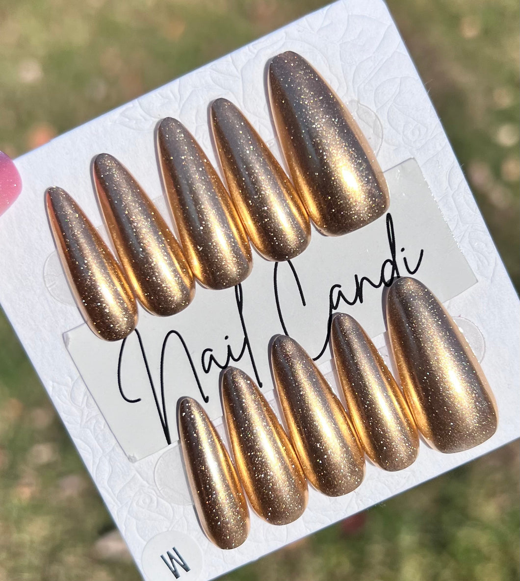 Handmade Long Gold Chrome Almond Nails