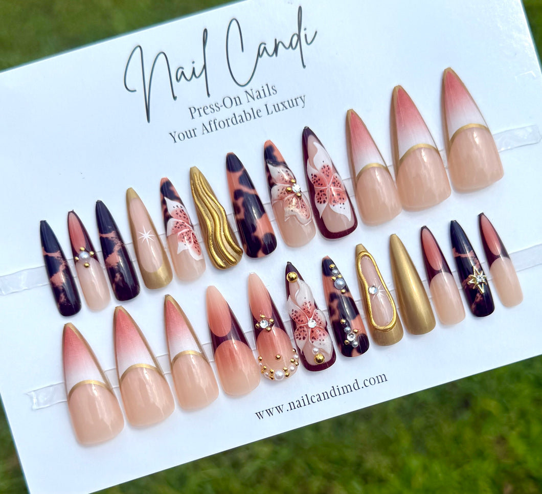 Koi | Long Stiletto Brown & Gold Chrome Flower Nails