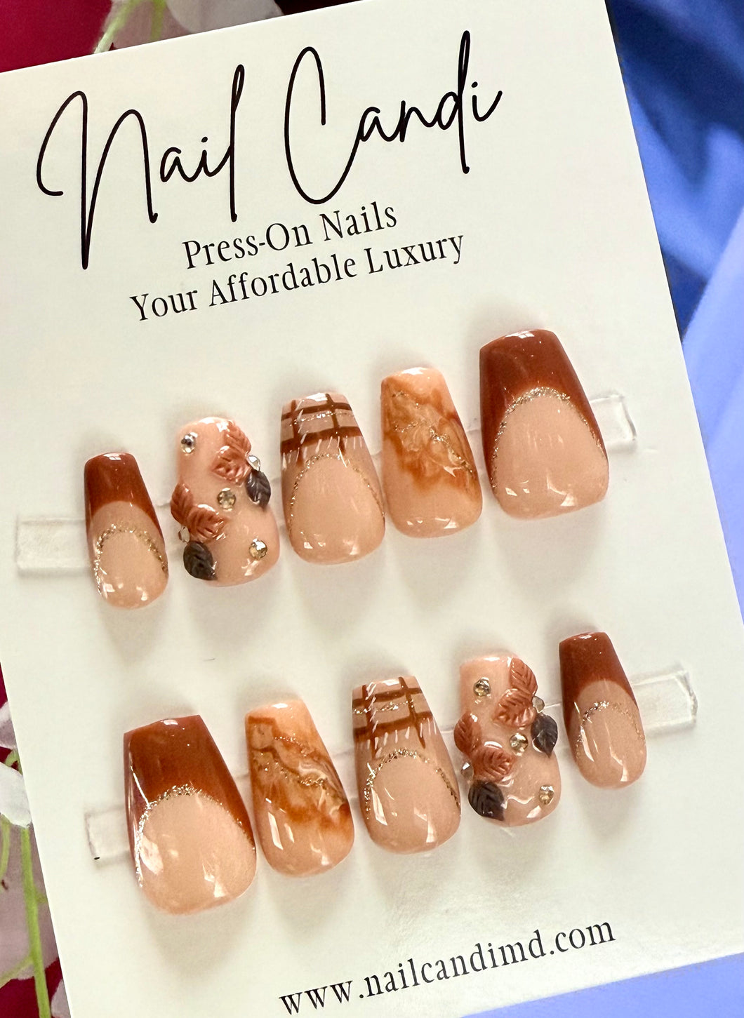 Handmade Short Coffin Autumn Flower Nails