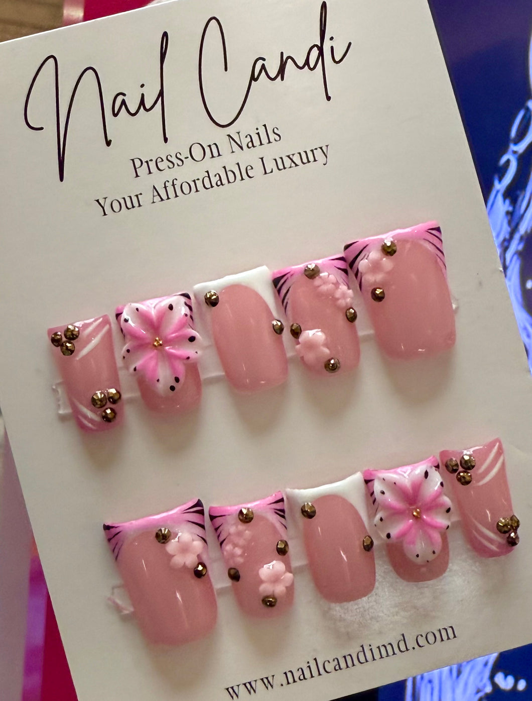Handmade 3D Pink Flower Short Duck Nails