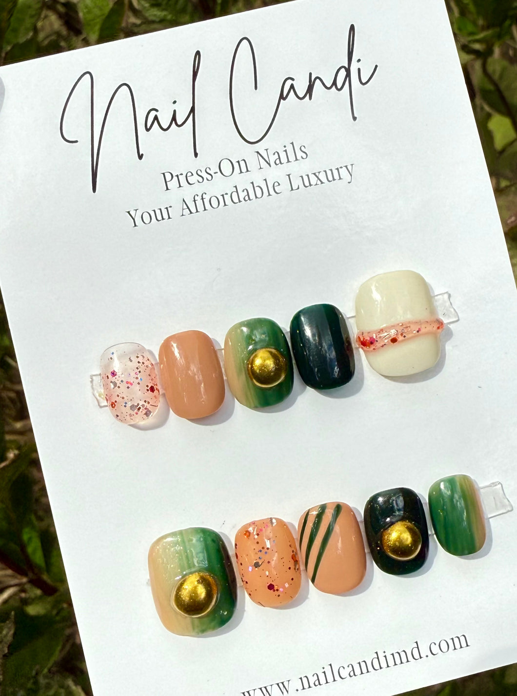 Handmade Short Rounded Square Green & Rose Nails