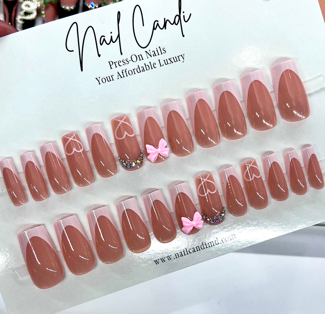 Lola | Medium Coffin French Pink Bow Nails