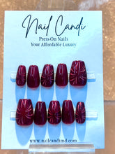 Load image into Gallery viewer, Handmade Medium Coffin Red Firework Gel Nails
