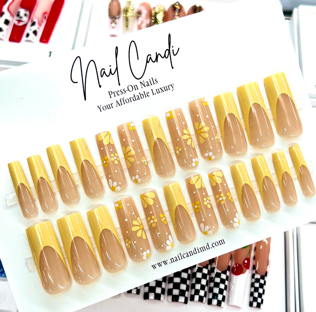 Sunshine | Extra Long Yellow French Flower Nails