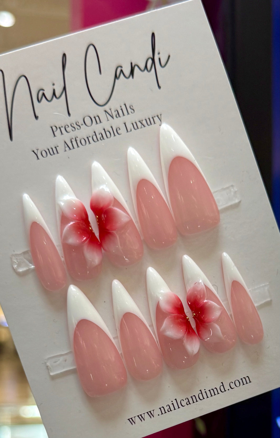 Handmade Long Stiletto 3D Red Flower French Nails
