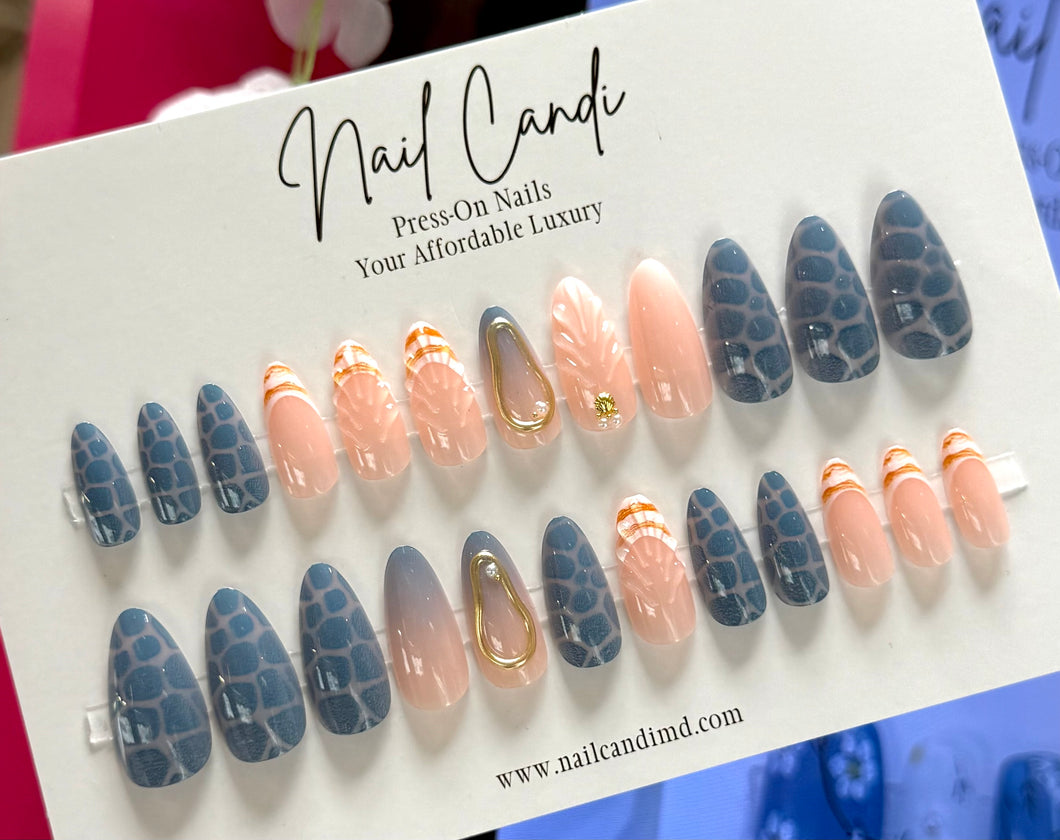 Carmen | Medium Almond Blue Seashell Accent Nails