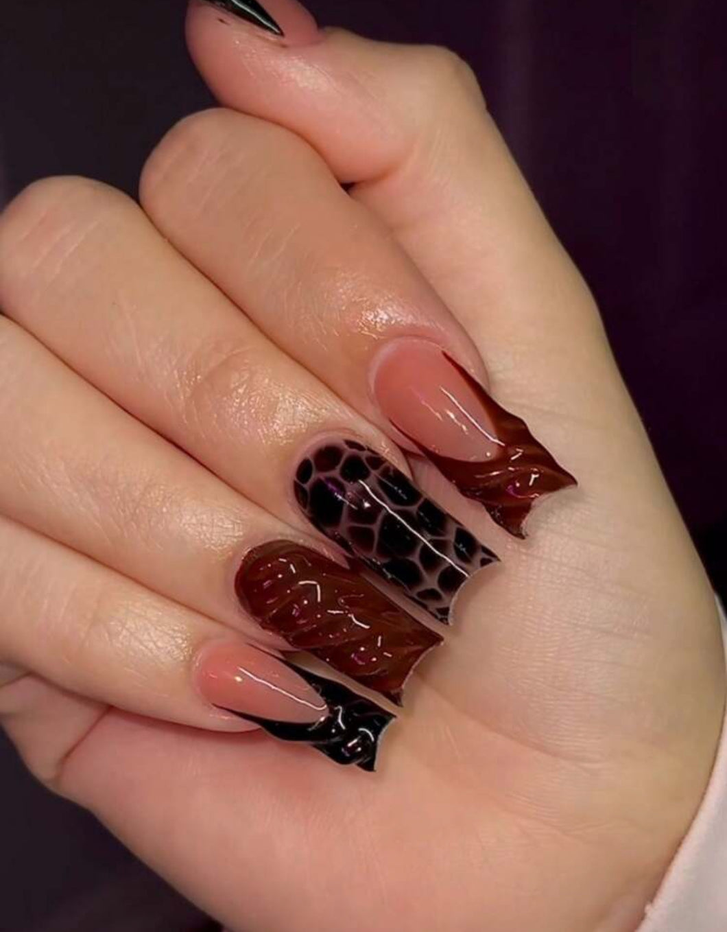 Zuri | Long Burgundy Leopard 3D Nails