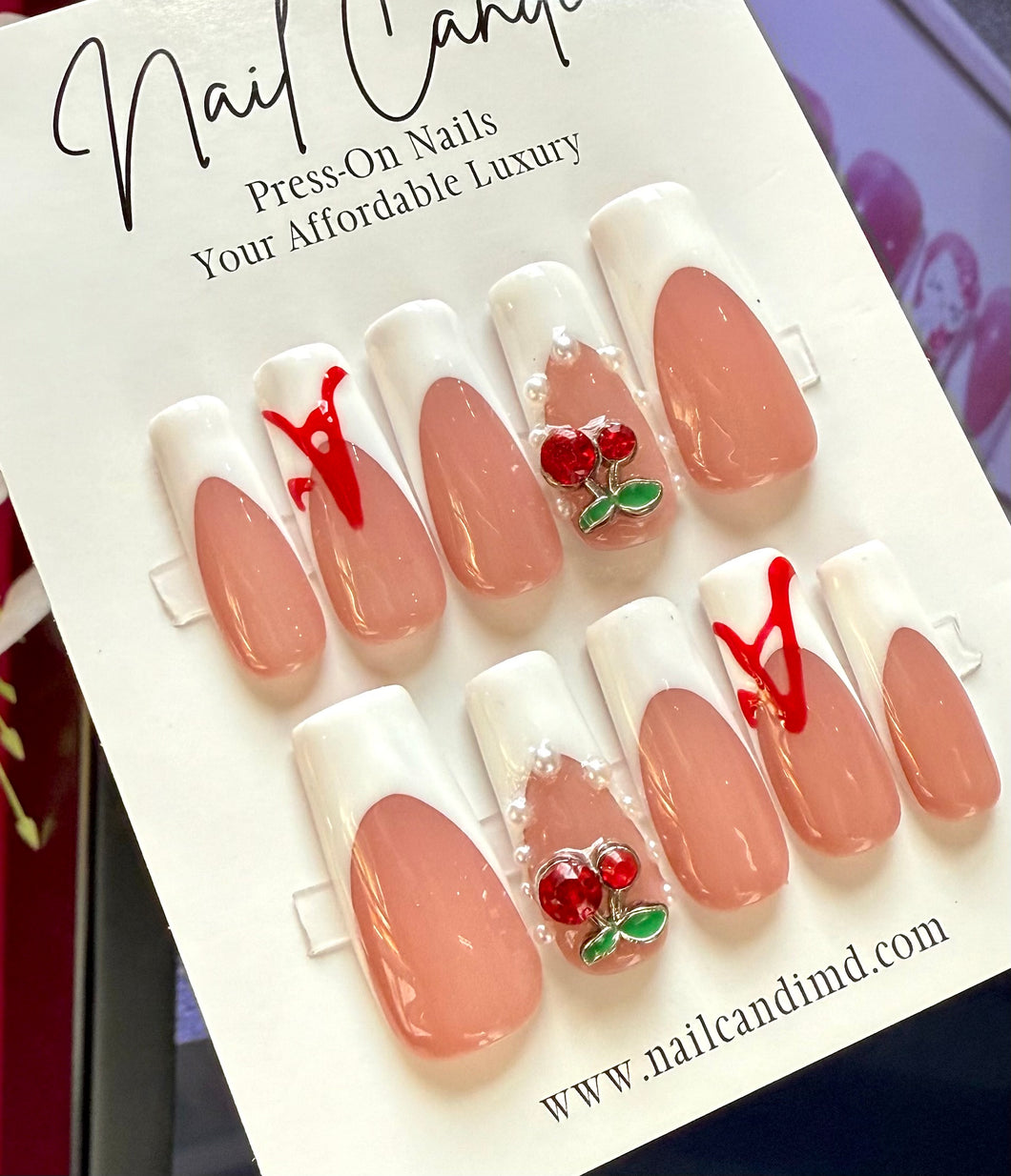 Handmade Long French Cherry Ace Nails