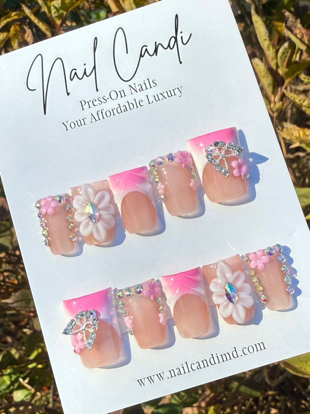 Handmade Pink & White Butterfly Duck Nails