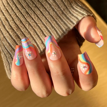 Load image into Gallery viewer, rainbow swirl nails, rainbow nails, fake rainbow nails, medium fake nails with rainbow, nails with rainbows
