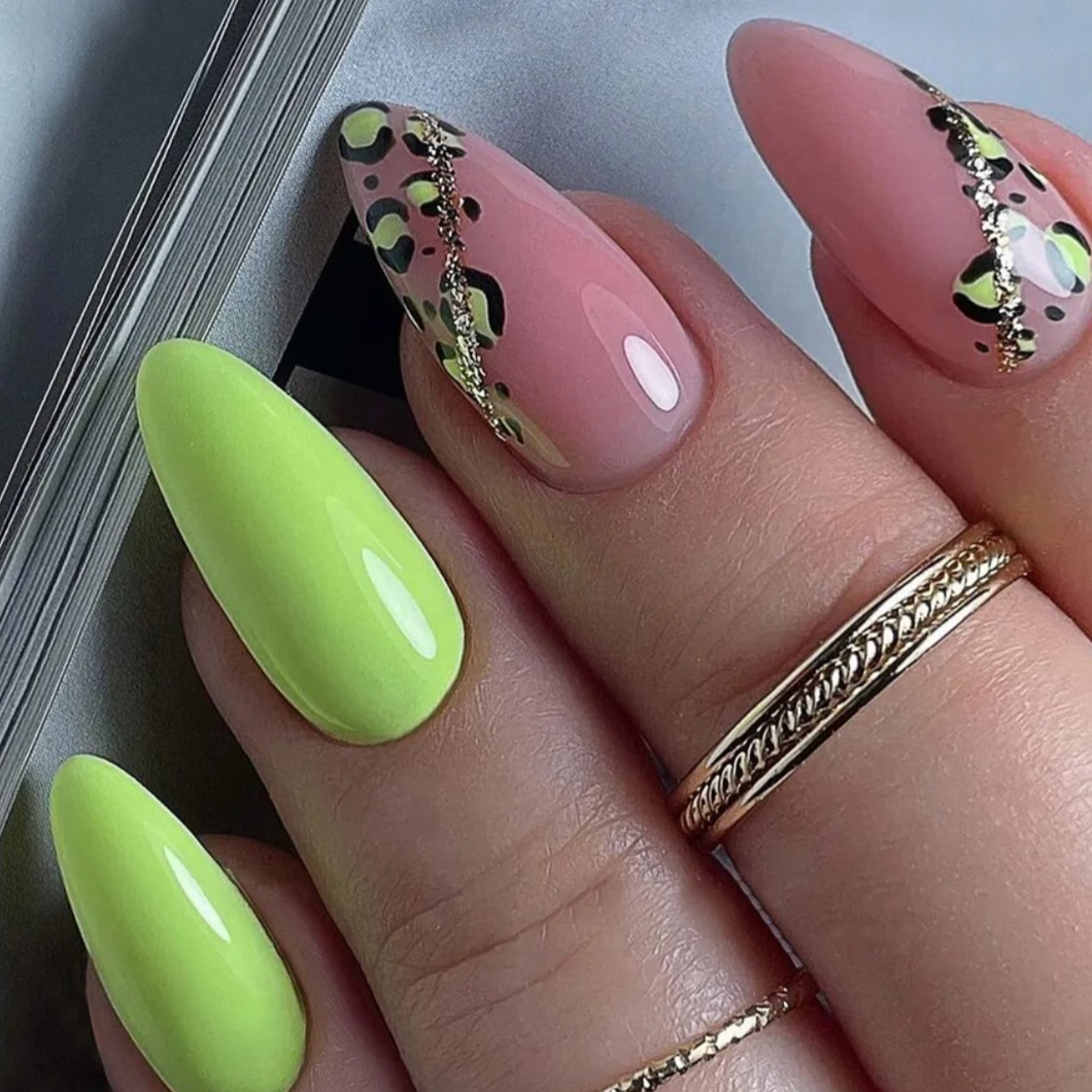 Neon Green glossy almond shaped fake nails with leopard print