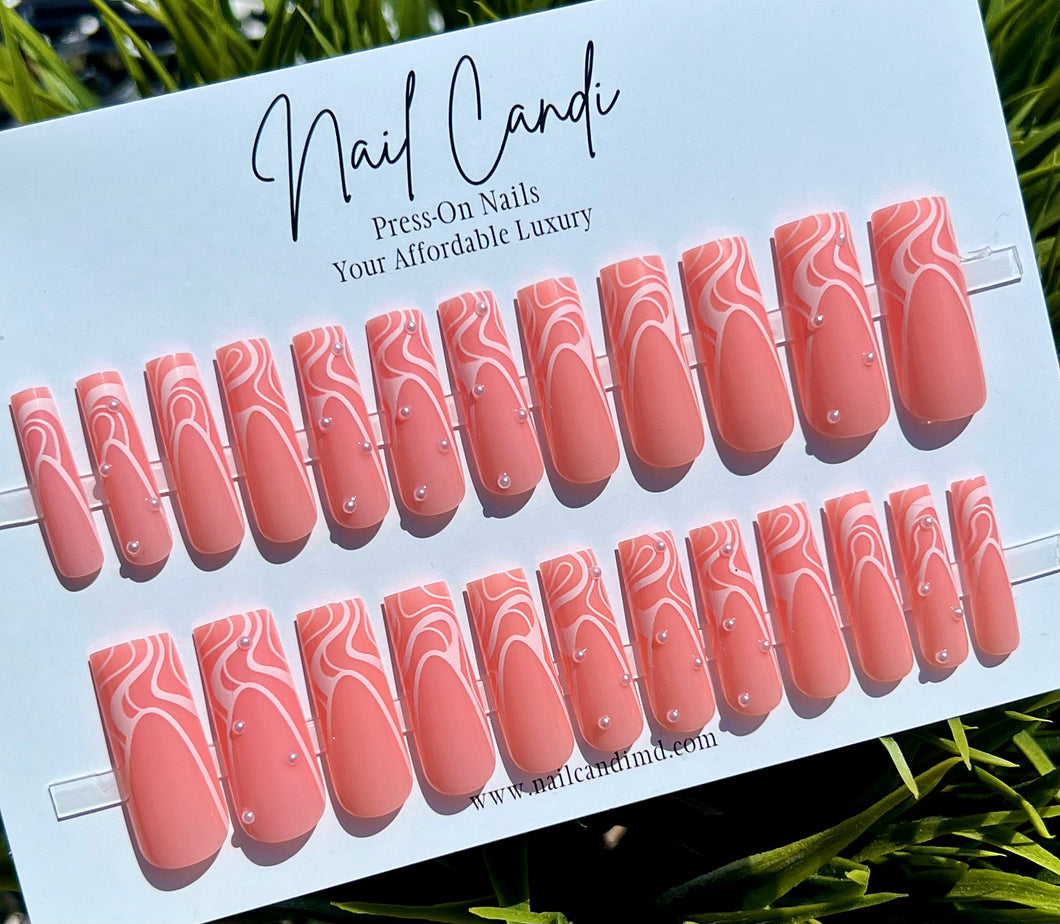 Gianna | Extra Long Square Pink White Pearl Nails