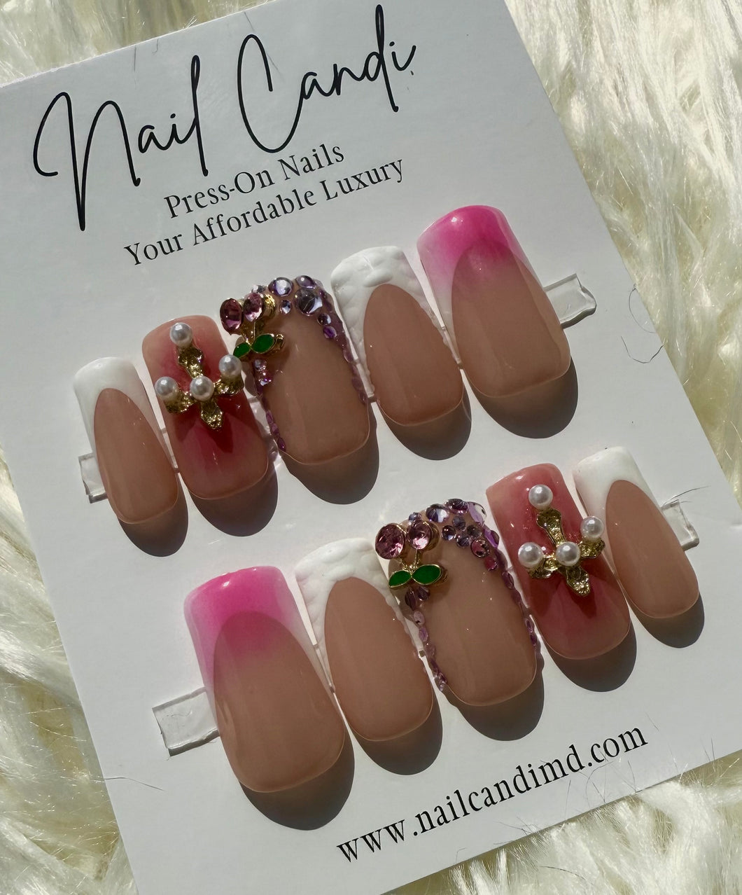 Handmade Pink Cherry Cross Nails