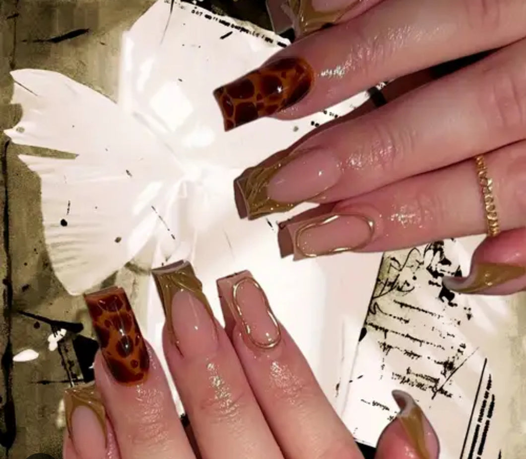 Melinda | Long Square Tortie & Gold Chrome Nails