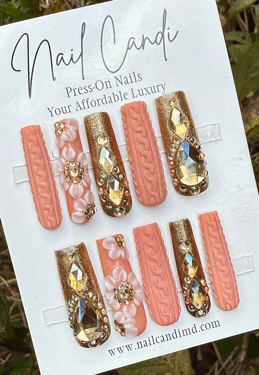 Handmade Extra Long Square Gold & Blush Sweater Nails
