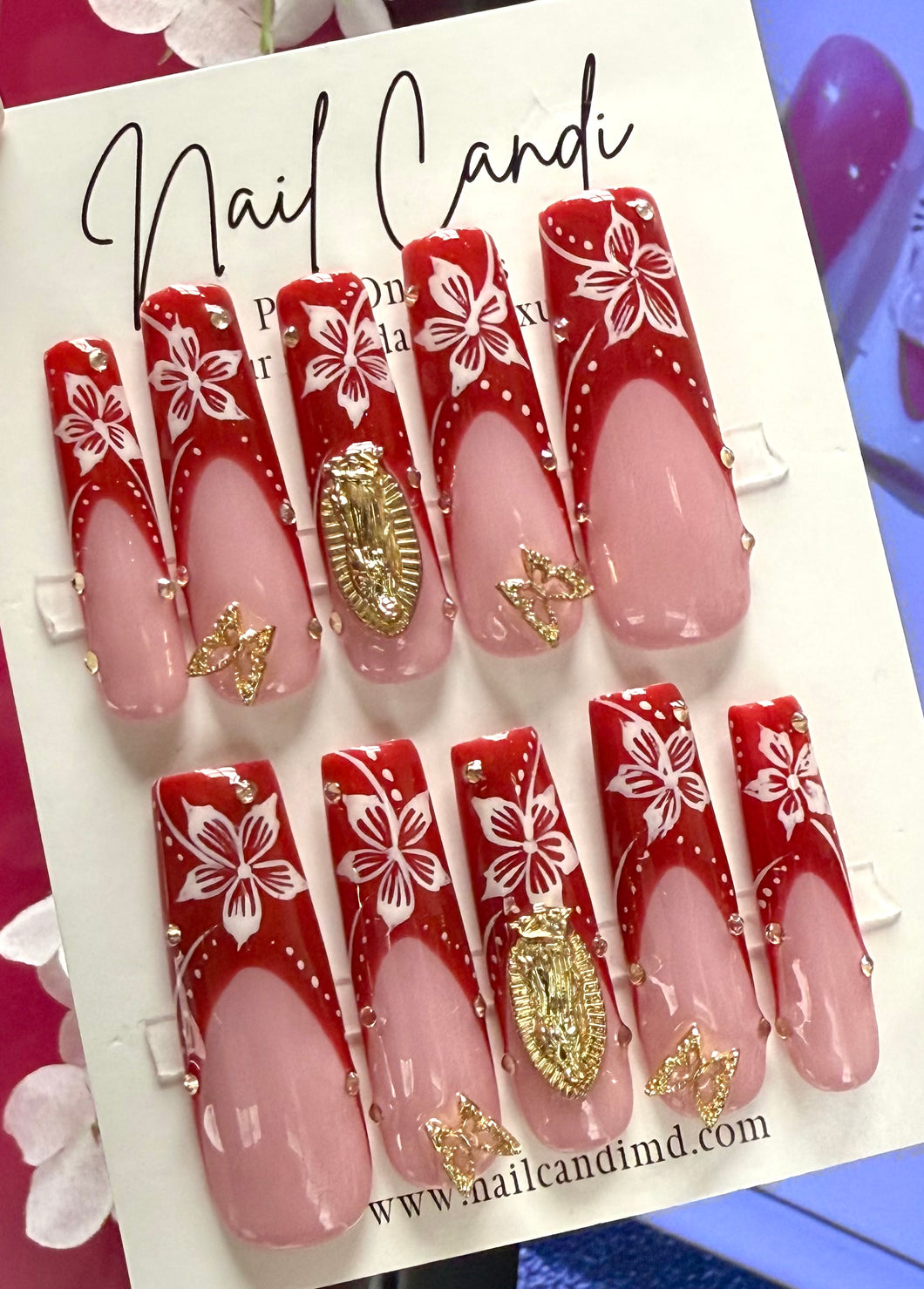 Handmade *Fleur* Red French Flower Nails