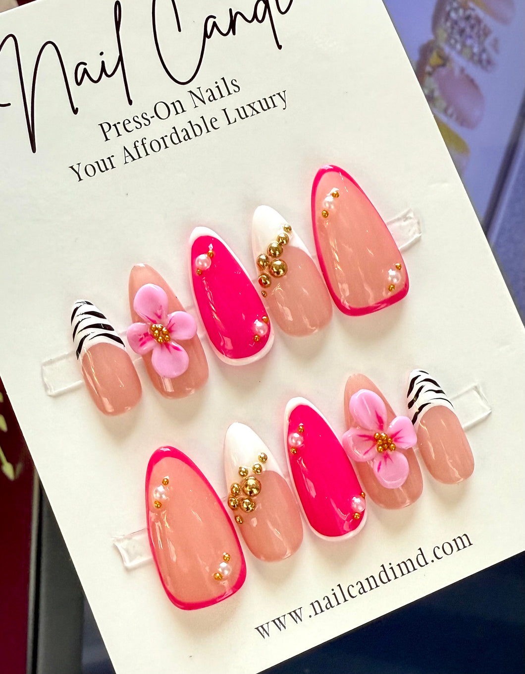 Handmade Almond Pink Gold Bead Nails
