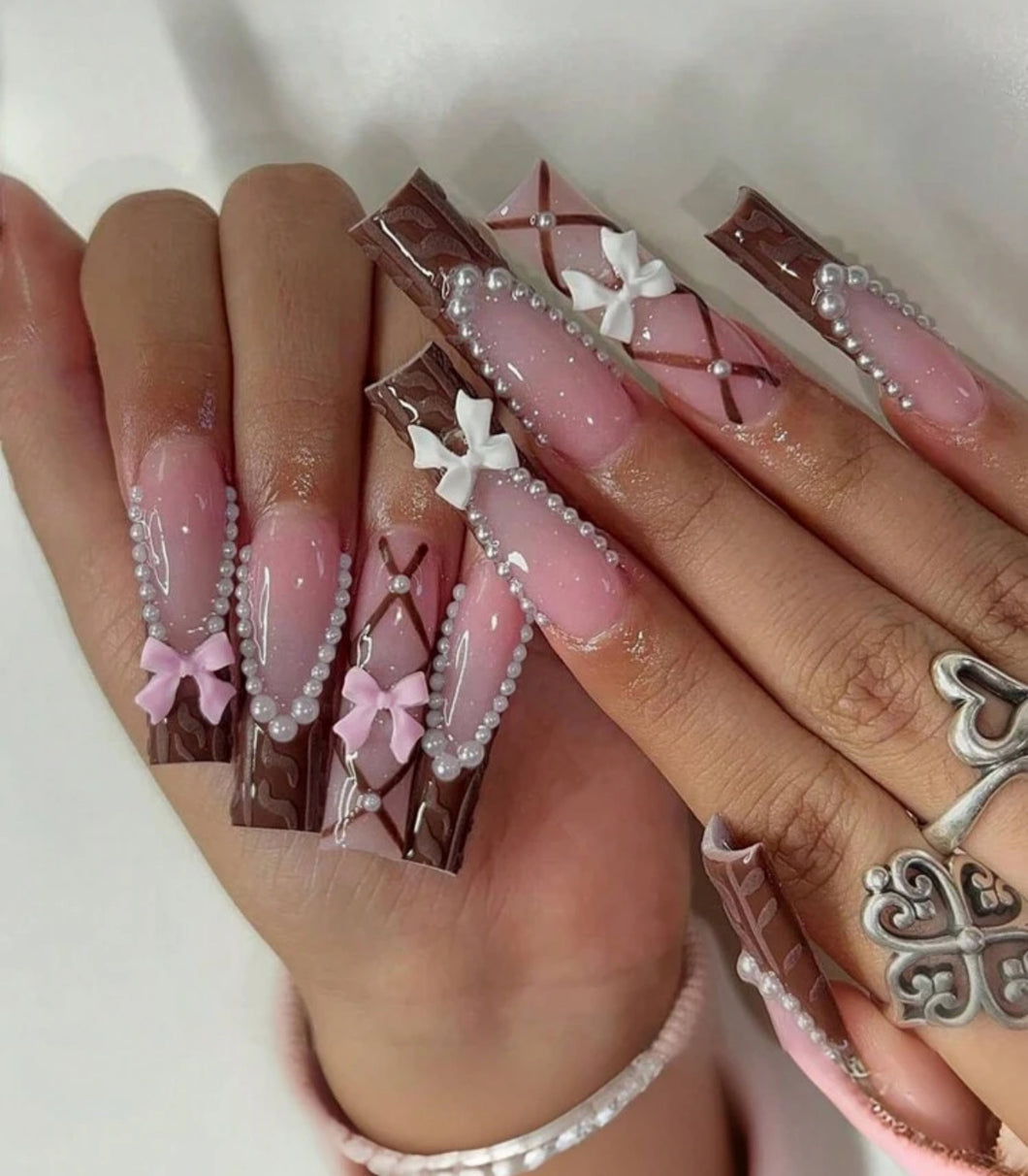 Daphne | XL Brown & Pink Coquette Nails