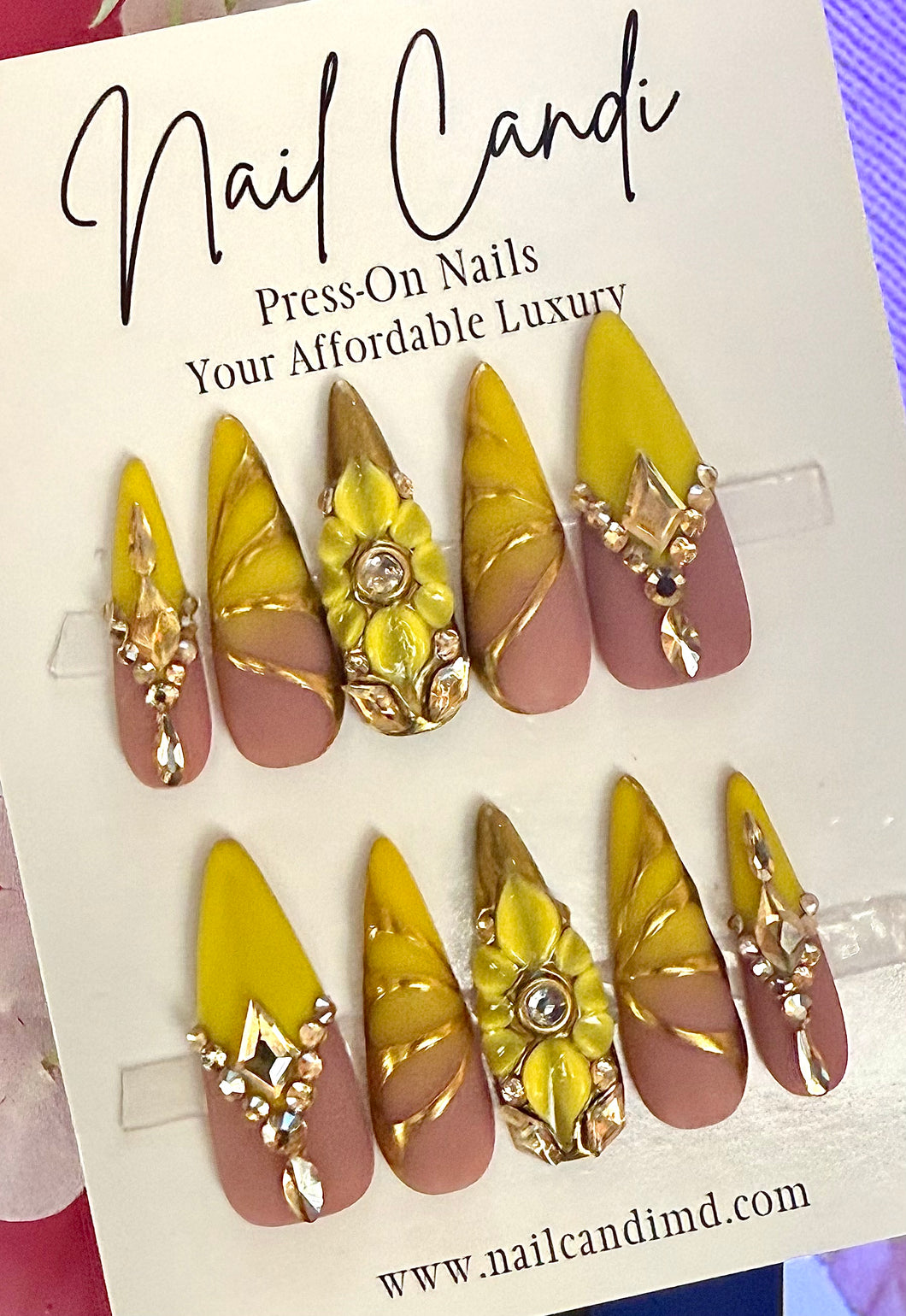 Handmade Matte Stiletto Golden Yellow 3D Flower Nails