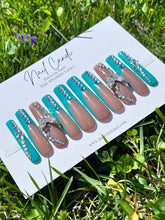 Load image into Gallery viewer, Handmade 3XL Square Teal Butterfly Crystal Nails
