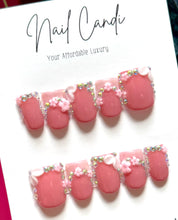 Load image into Gallery viewer, Handmade Short Square Pink Flower Pink French Nails
