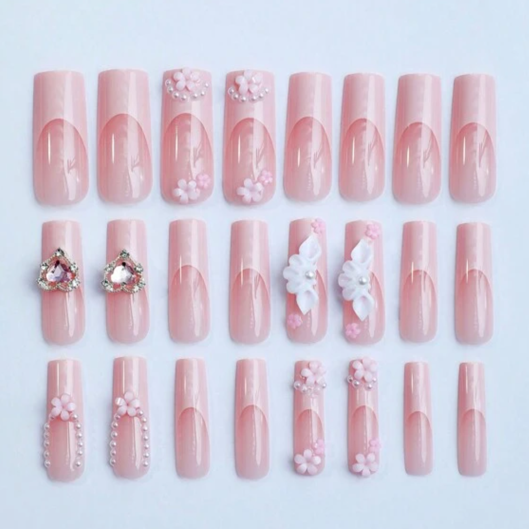 Tabitha | Extra Long Pink French Acrylic Flower Dupe Nails