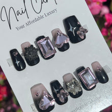 Load image into Gallery viewer, Handmade Black &amp; Pink Gel Nails w/ Large Charms
