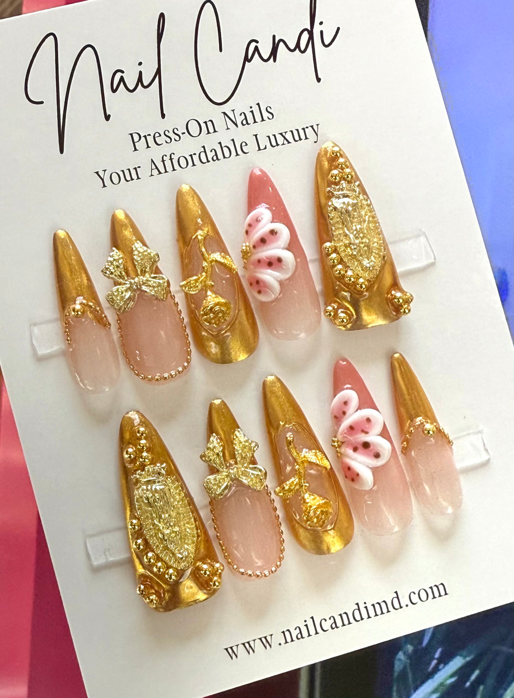 Handmade Stiletto Gold Chrome 3D Nails