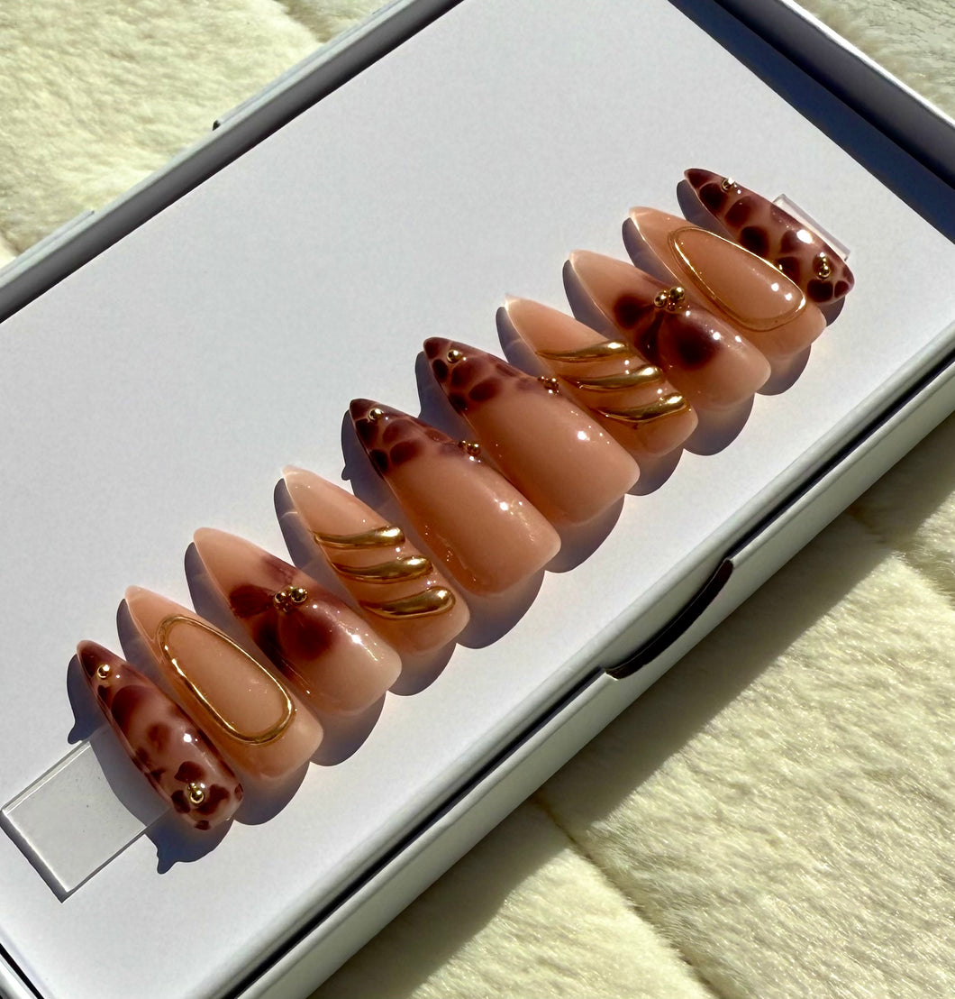 Handmade 1051| Long Nude, Brown & Gold Nails