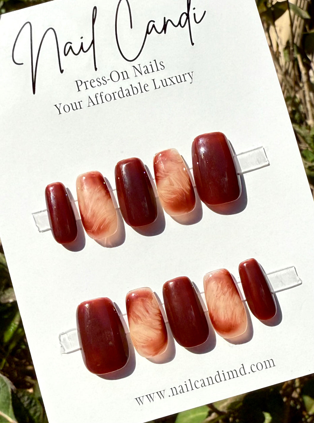 Handmade Medium Square Deep Brown & Nude Nails