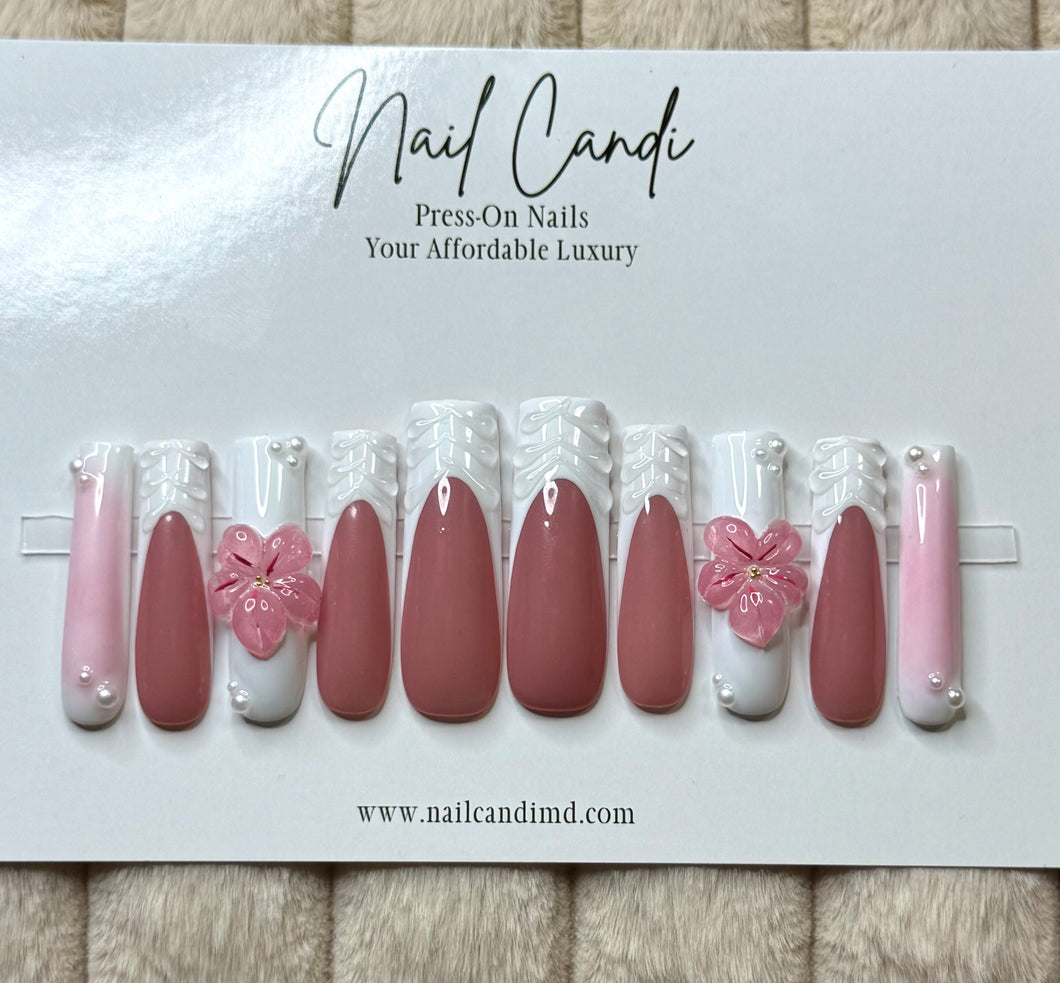 Handmade French 3D Pink Flower Nails