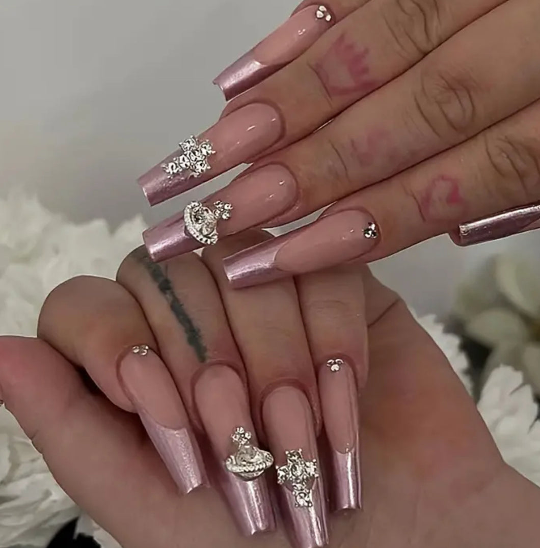 Denali | Long Light Pink Chrome French Nails