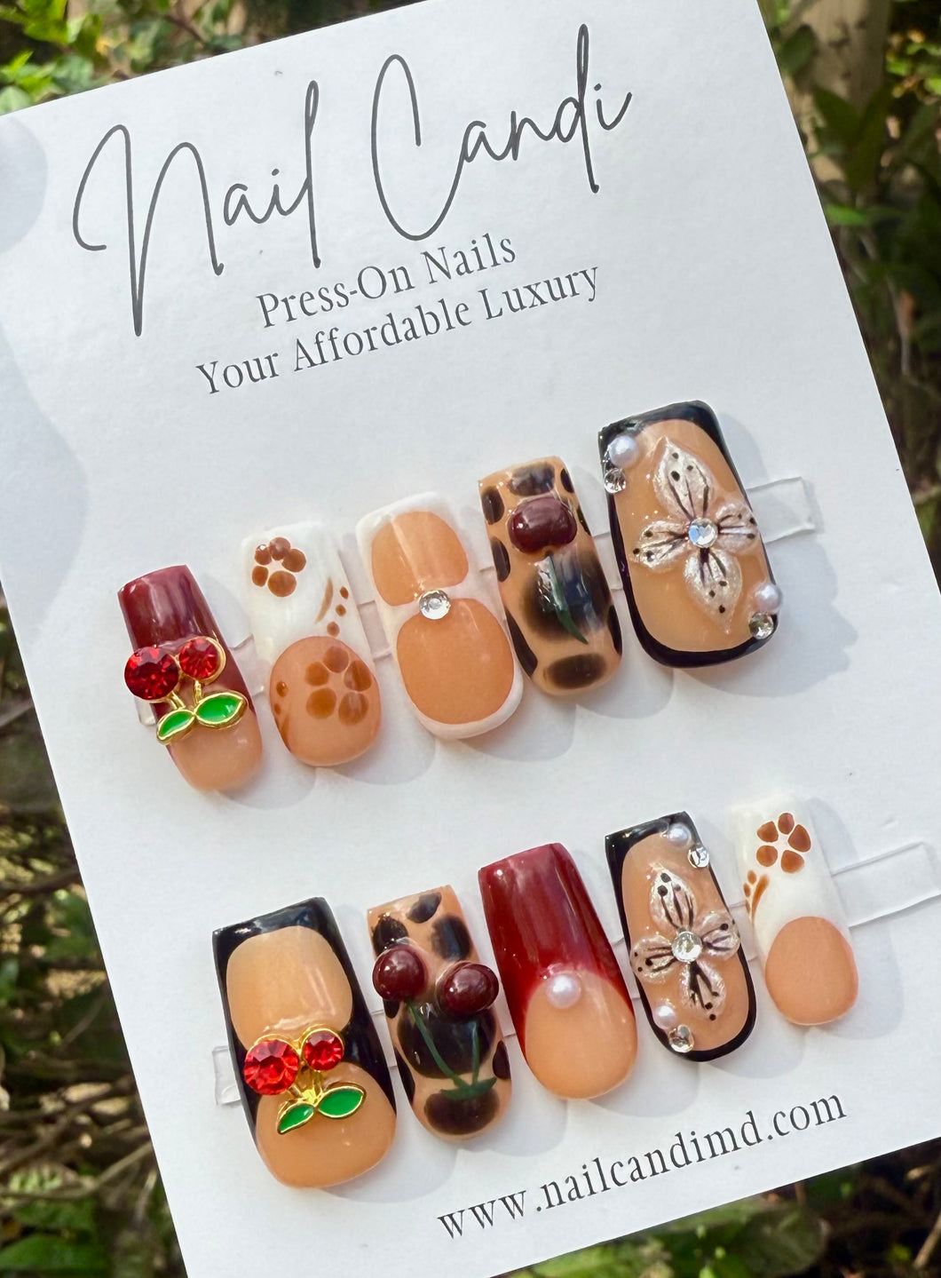 Handmade Medium Square Brown Cherry Nails