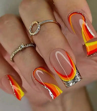 Load image into Gallery viewer, Intensity | Medium Square Glossy Red Orange Yellow Swirl Nails
