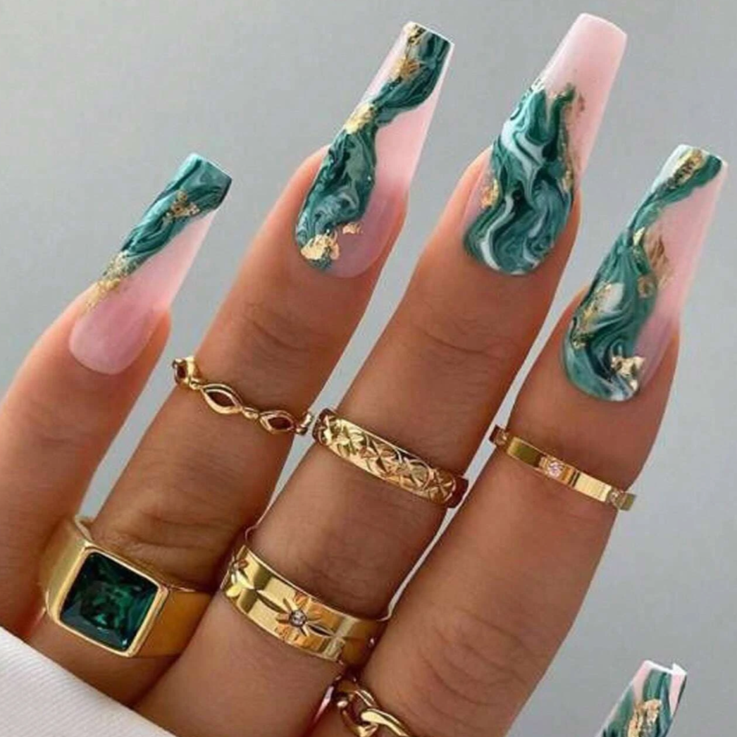 Cali | Nude Turquoise Gold Marble Nails