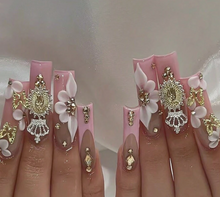 Load image into Gallery viewer, Cosette | Long Pink French Gold Charm Nails
