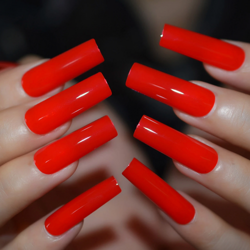 extra long square red fake nails, red press ons, extra long red nails, red nails, red fake nails