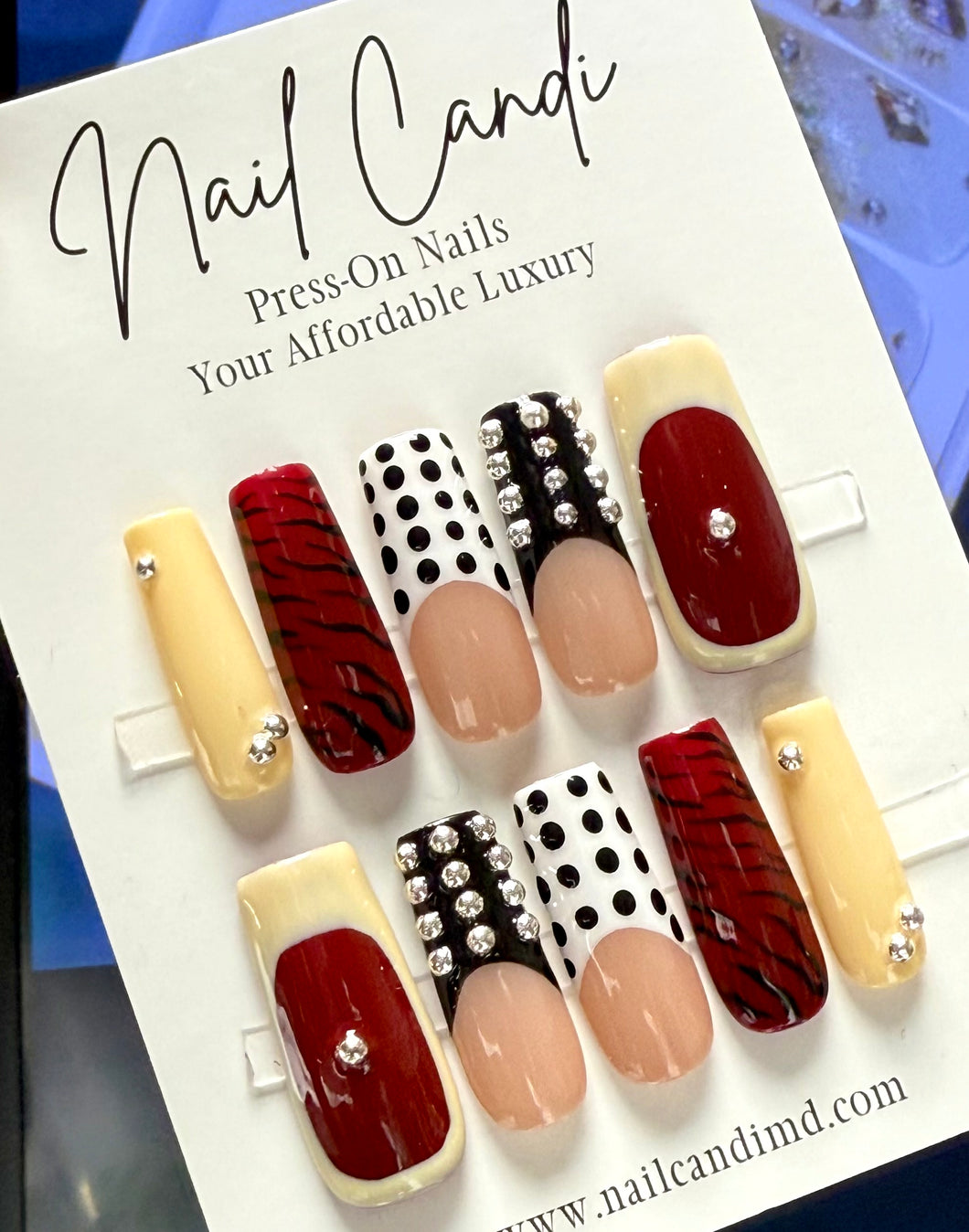 Handmade Long Burgundy & Cream Silver Stud Nails