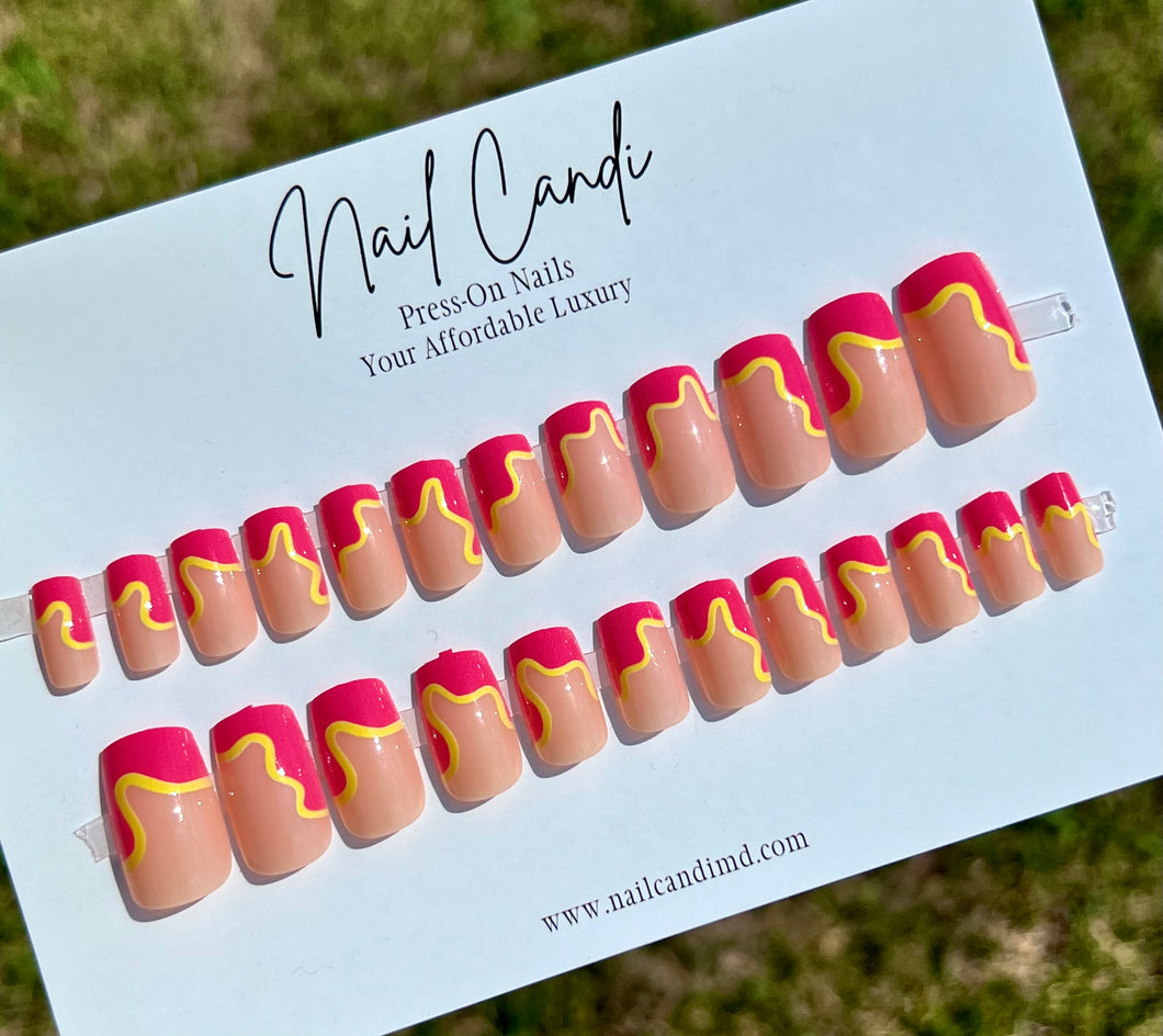 Lydia | Medium Pink & Yellow Swirl Nails