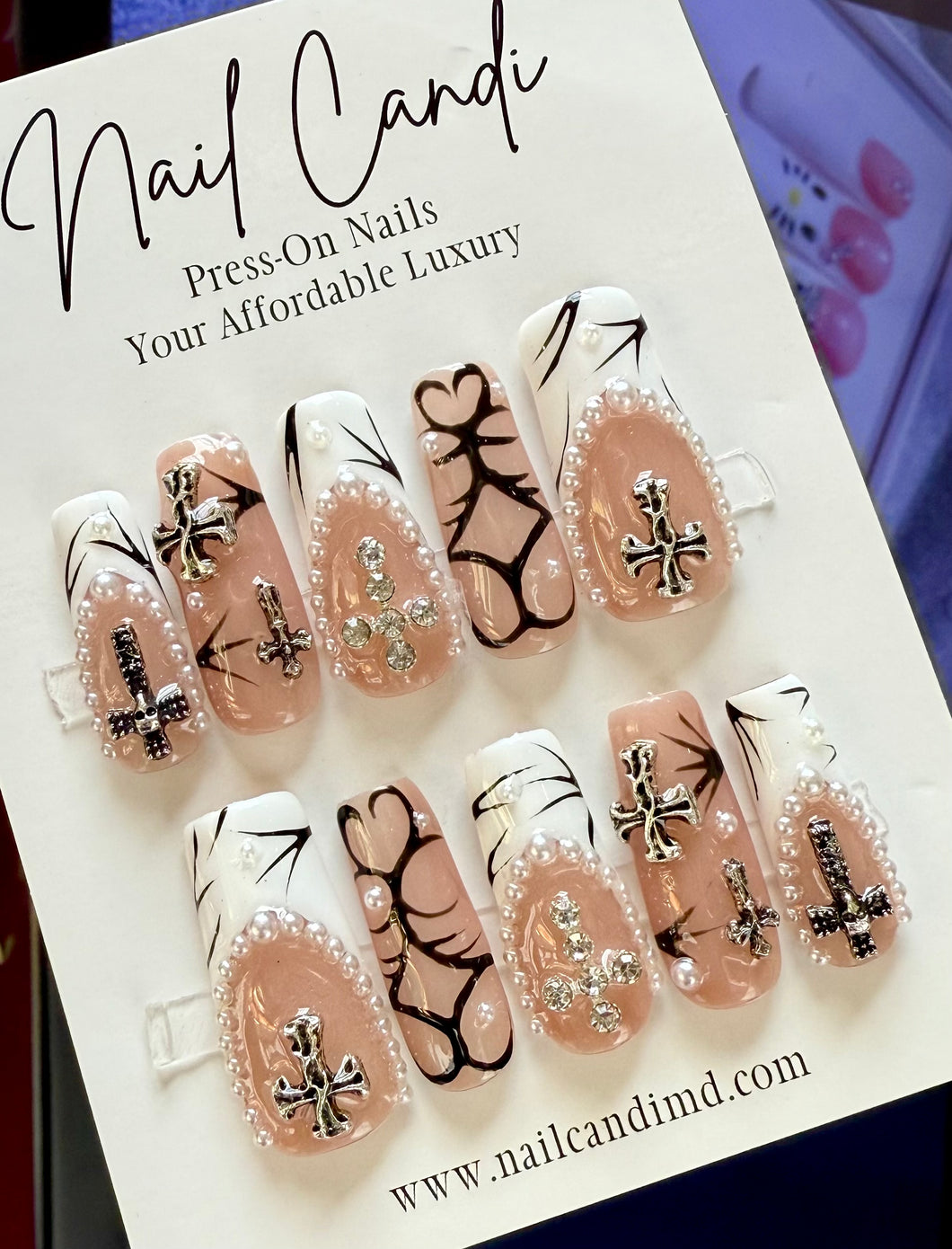 Handmade Black & White Pearl Cross Nails