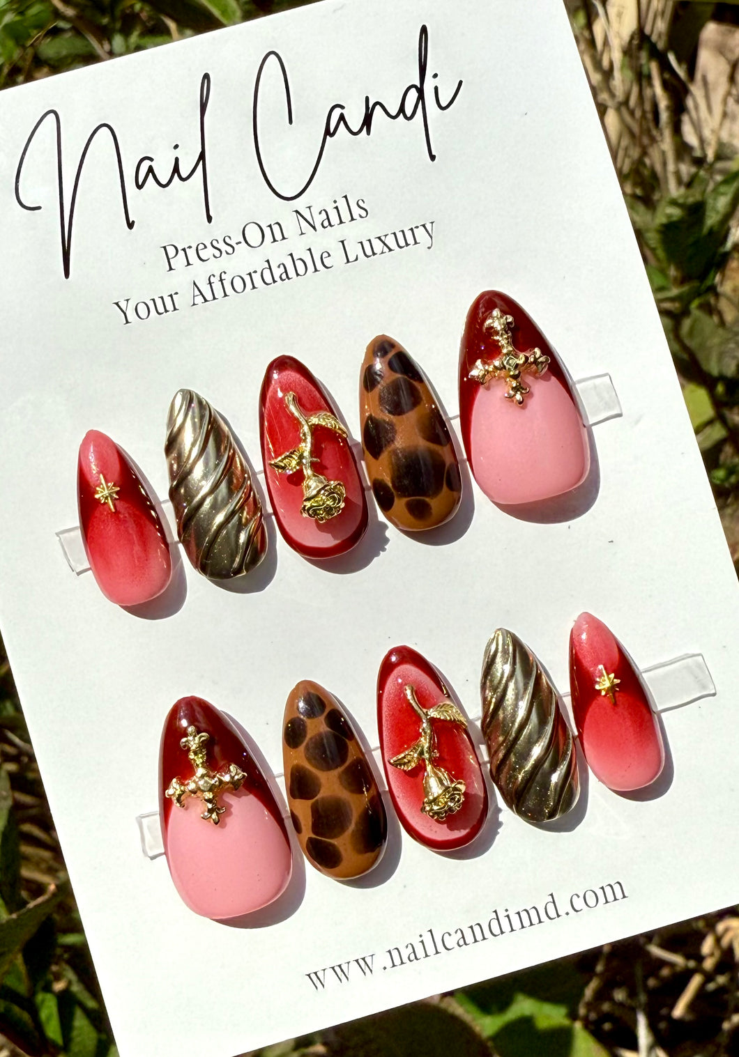 Handmade Long Almond Cross & Rose Charm Nails