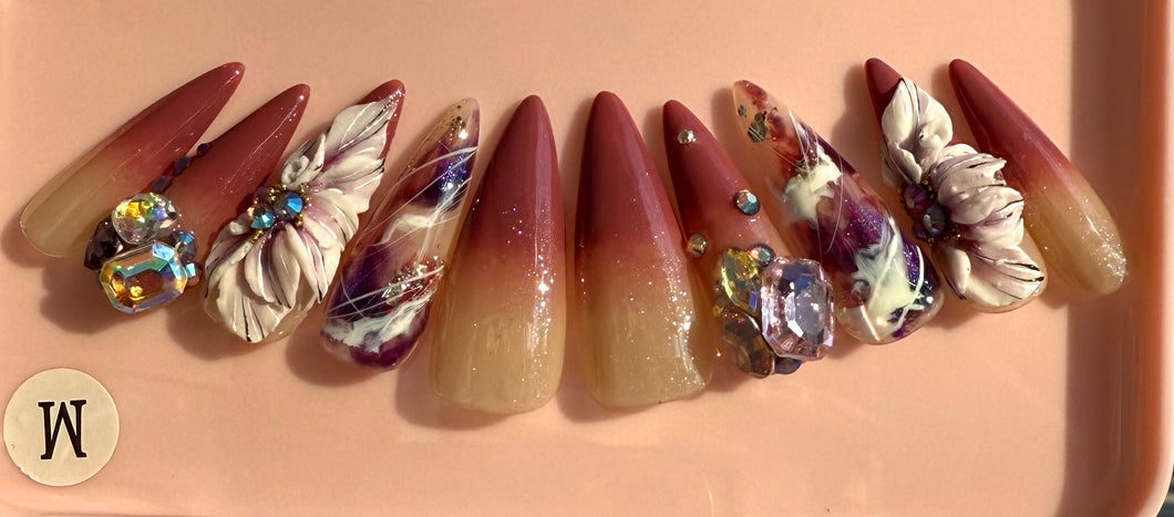 Handmade Purple & White Stiletto Crystal Nails