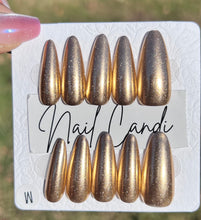 Load image into Gallery viewer, Handmade Long Gold Chrome Almond Nails
