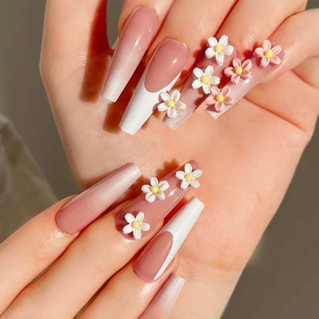 Daisy | Long Ombre French Flower Nails