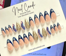 Load image into Gallery viewer, Aqua Dior| Medium Almond Blue Gold Chrome Nails
